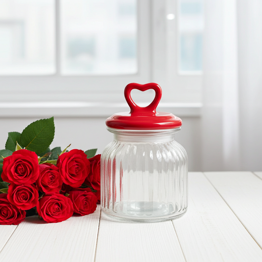 Contenedor de vidrio con tapa de cerámica y corazón