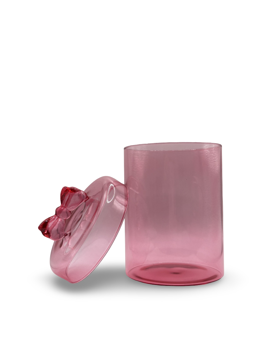 Contenedor de cristal rosa coquette