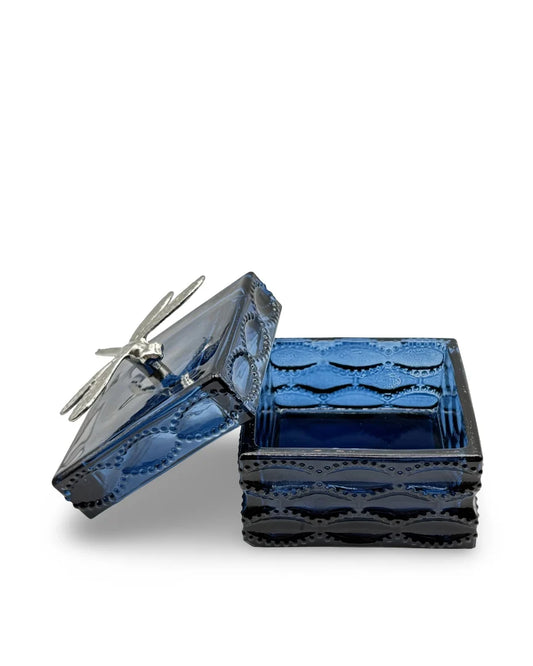 Joyero de vidrio azul con tapa y libélula