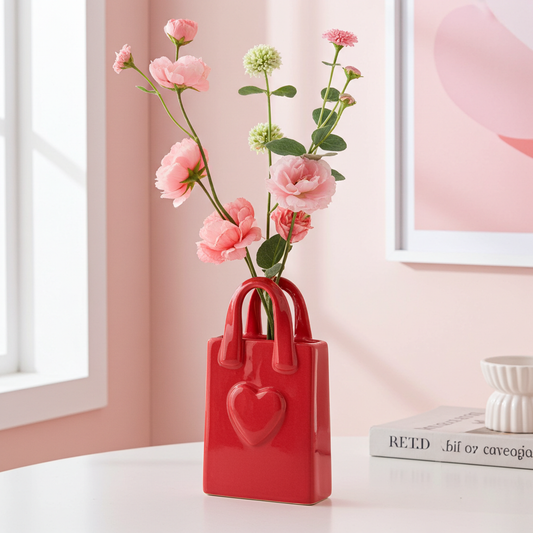 Florero cerámica en forma de bolso rosa