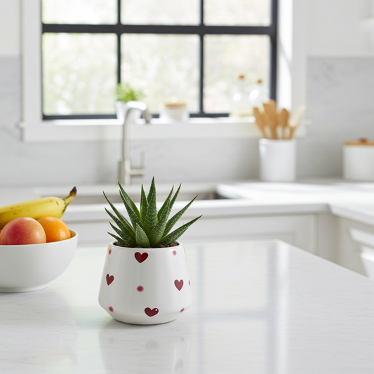 Maceta de cerámica con corazones y planta artificial