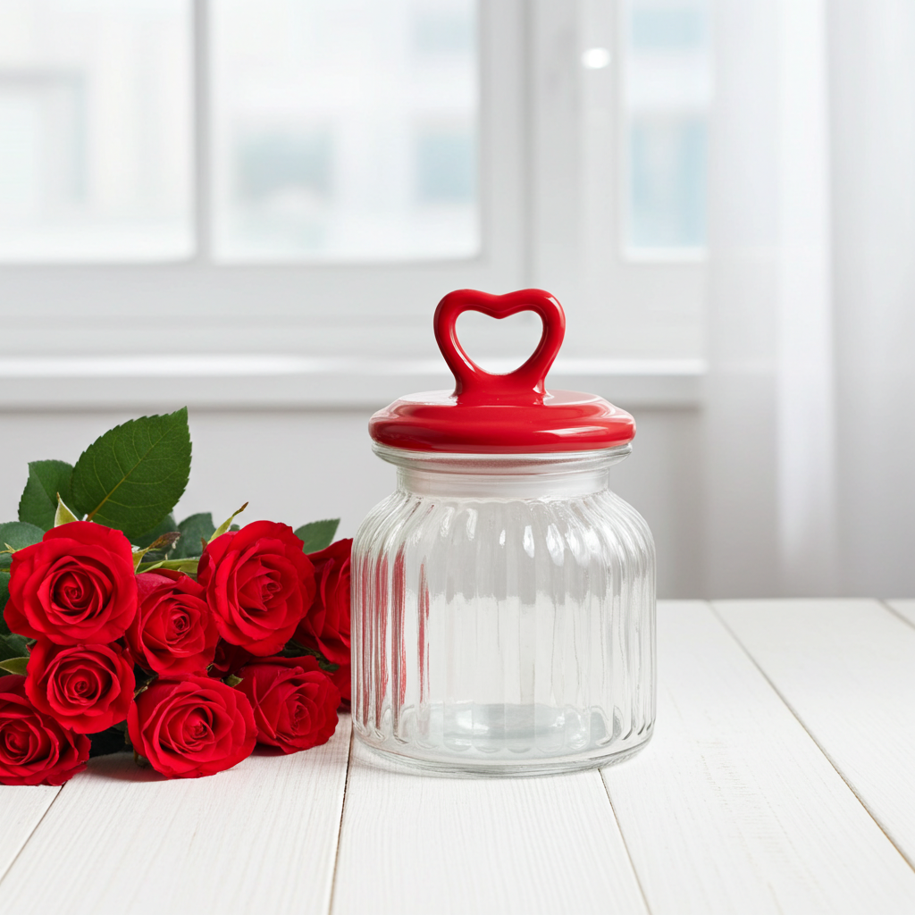 Contenedor de vidrio con tapa de cerámica y corazón