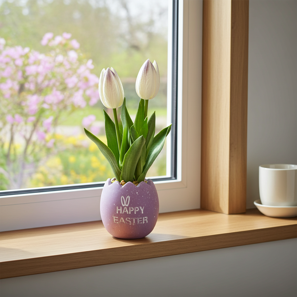 Maceta decorativa de pascua con tulipanes artificiales