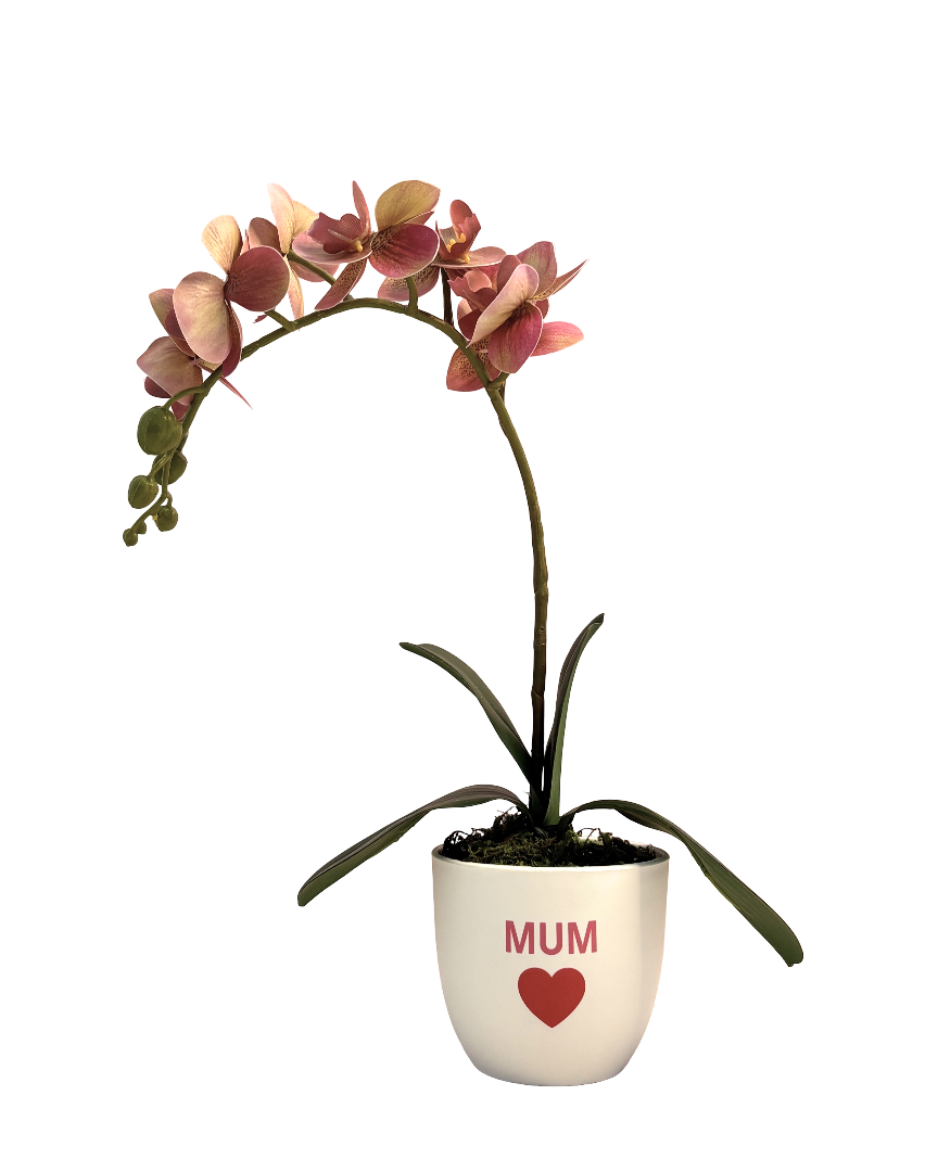 Arreglo orquídea artificial rosa para mamá