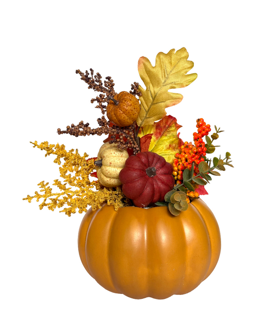 Arreglo Floral de Otoño con calabazas y maceta artesanal