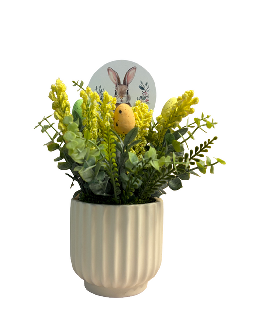 Centro de mesa Pascua en base cerámica con follaje artificial