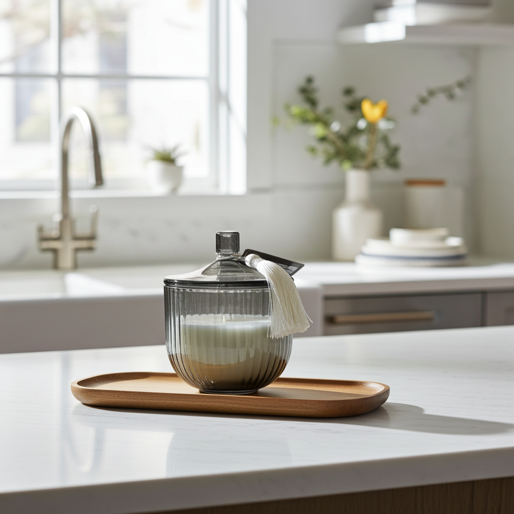 Vela aromática en recipiente de vidrio aroma a cedro