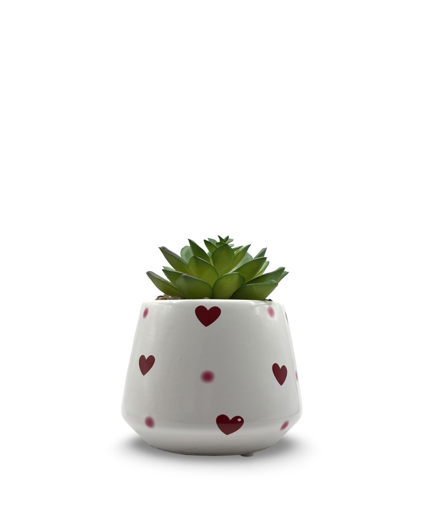 Maceta de cerámica con corazones y planta artificial