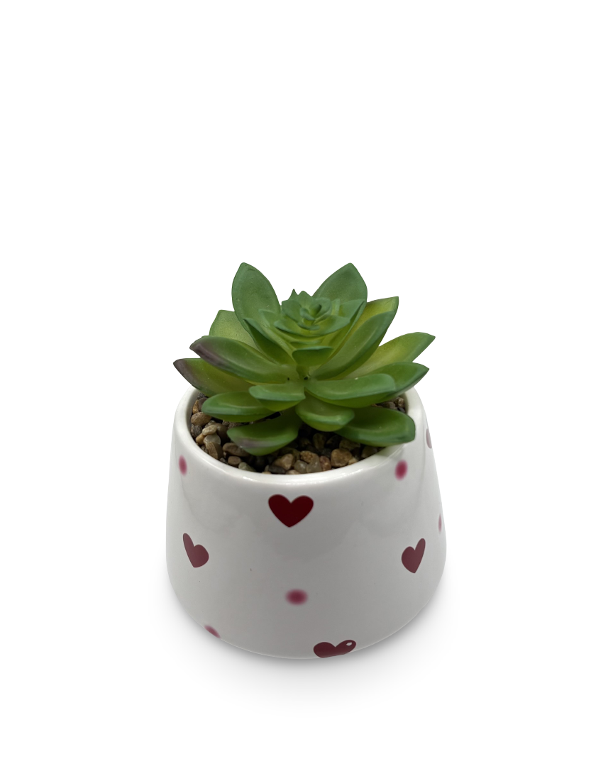 Maceta de cerámica con corazones y planta artificial