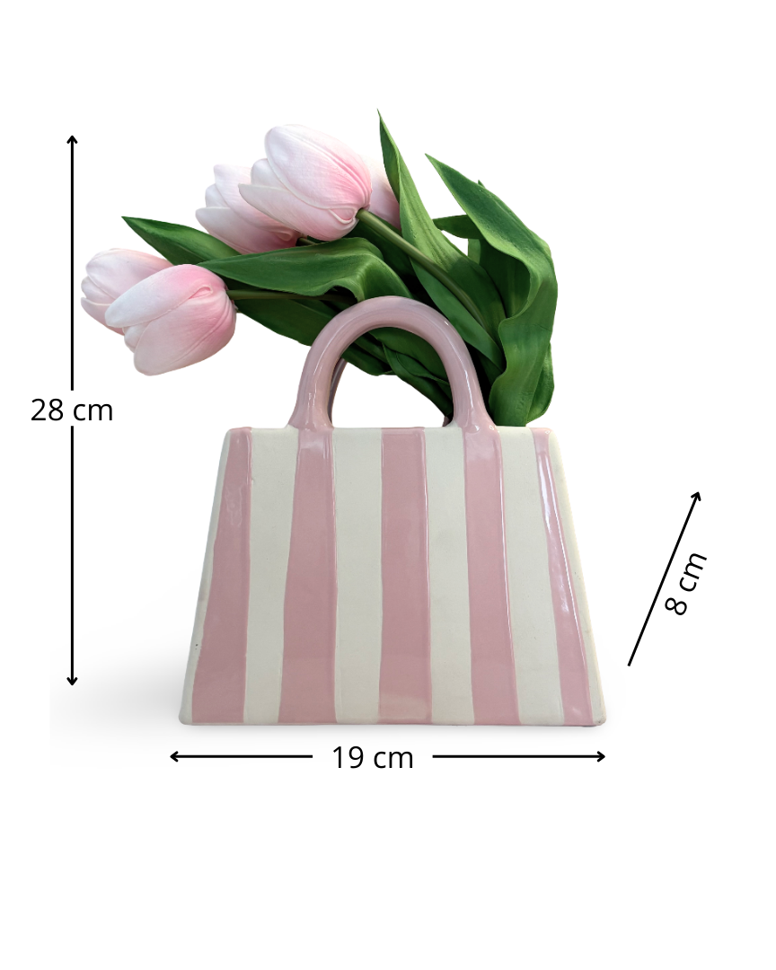 Florero decorativo de cerámica en forma de bolso con tulipanes