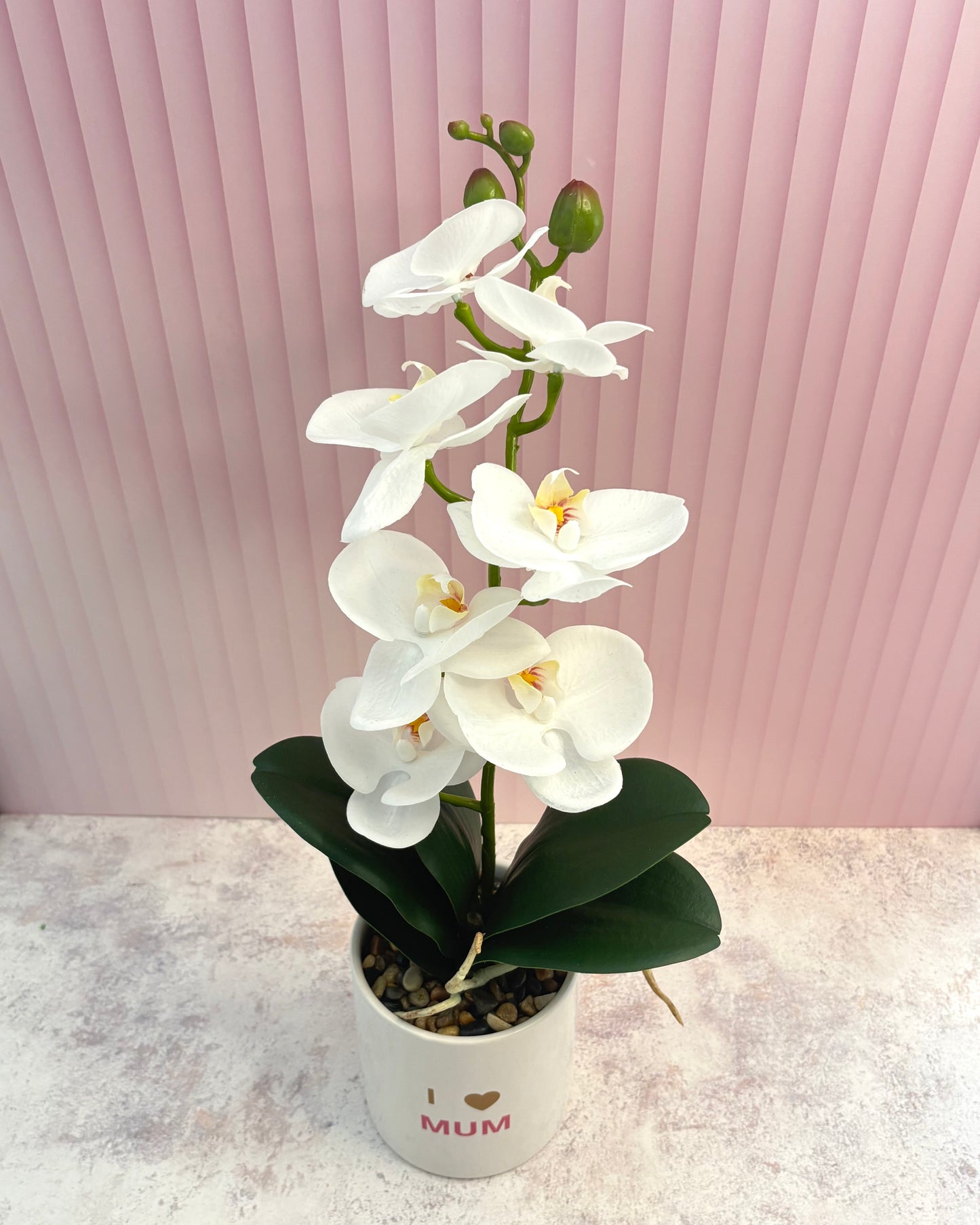 Arreglo orquídea blanca artificial para mamá