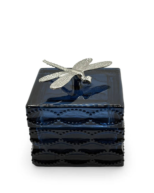 Joyero de vidrio azul con tapa y libélula