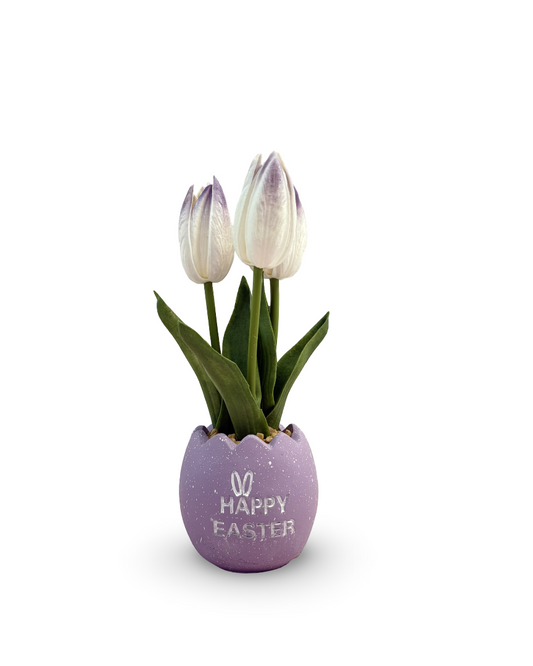 Maceta decorativa de pascua con tulipanes artificiales