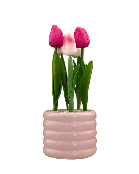Maceta de cerámica con tulipanes rosas