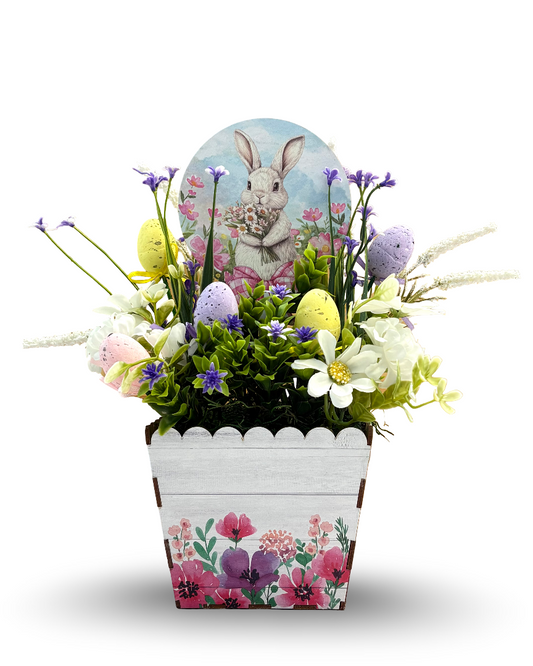 Centro de mesa de Pascua Pink Bunny con follaje artificial