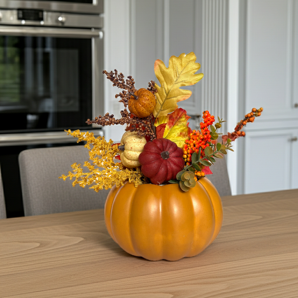 Arreglo Floral de Otoño con calabazas y maceta artesanal