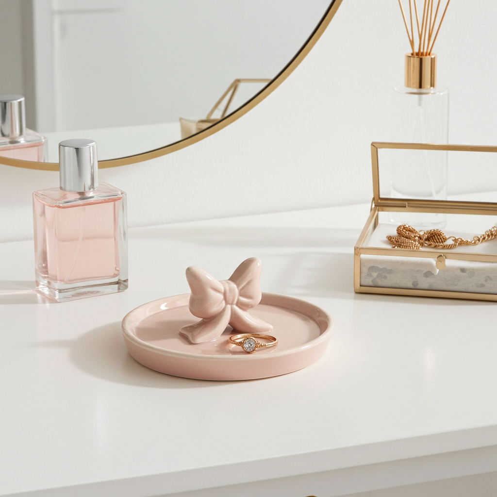 Joyero de cerámica rosa con moño