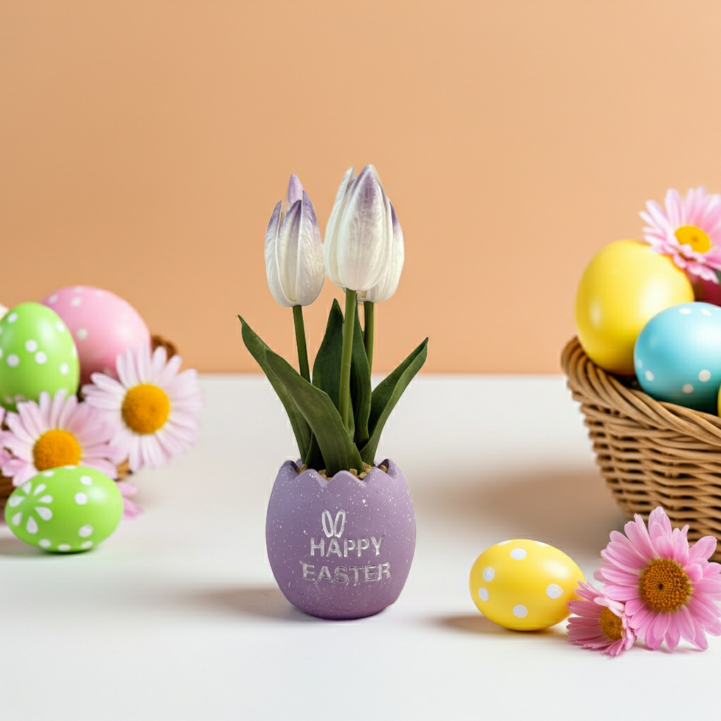 Maceta decorativa de pascua con tulipanes artificiales