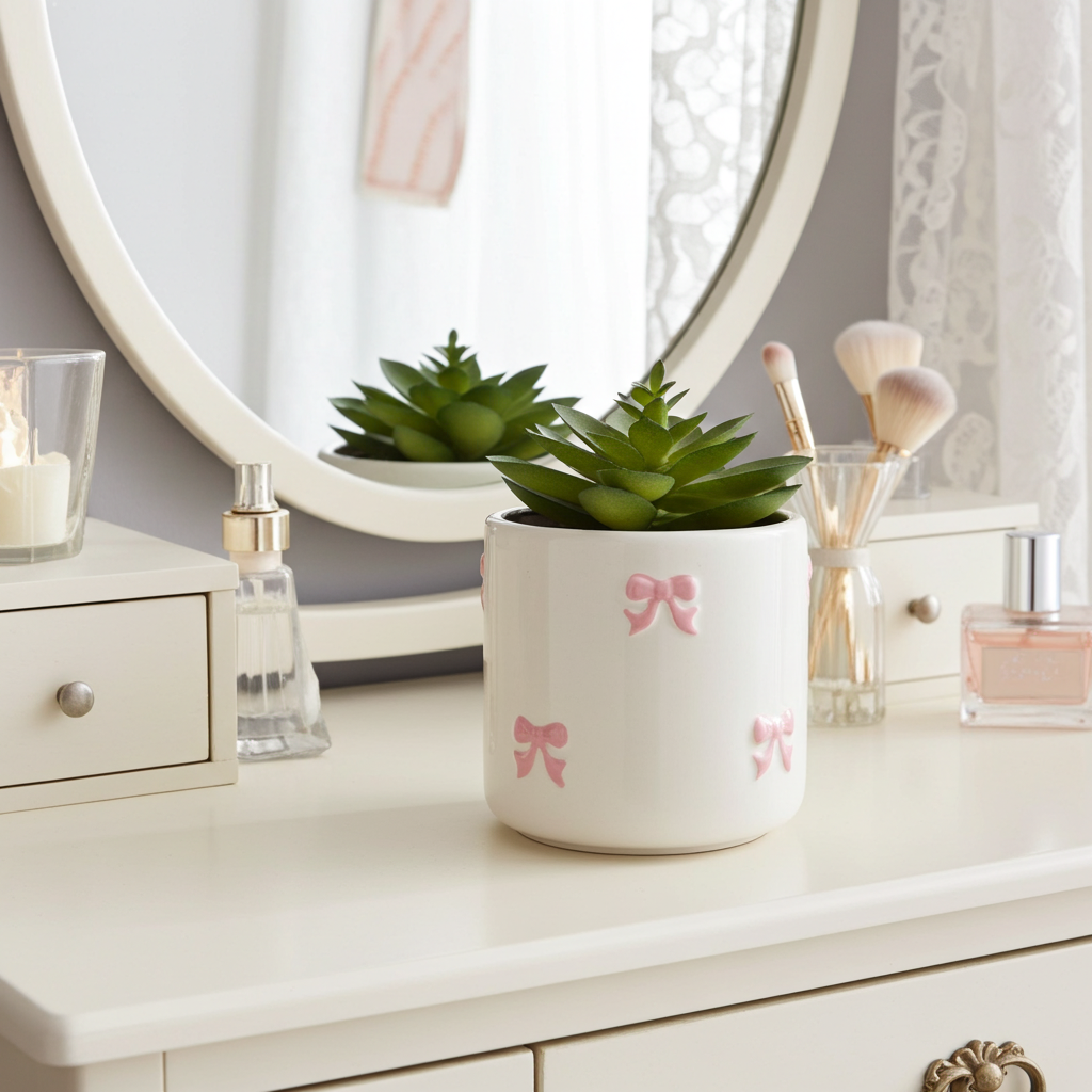 Maceta coquette de cerámica con planta artificial